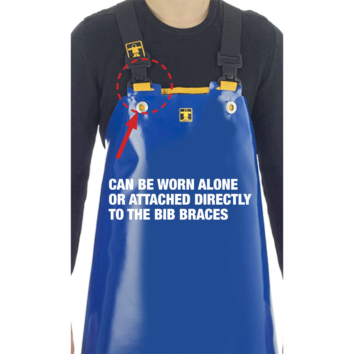 Close-up of person wearing Guy Cotten Crab Apron in blue, attached to commercial fishing bib & braces for extra protection