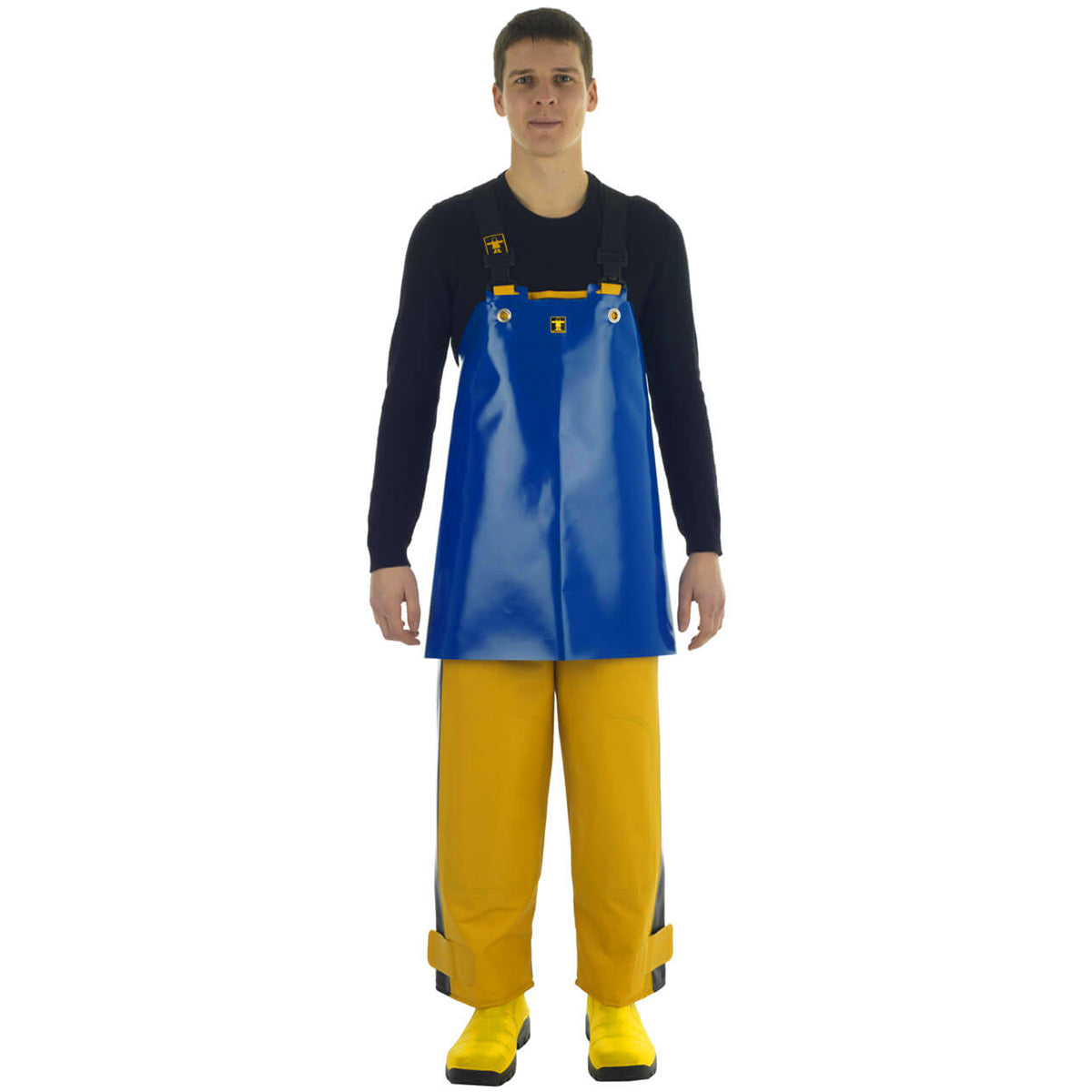 Person wearing a Guy Cotten Crab blue PVC short apron attached to fishing bib & braces