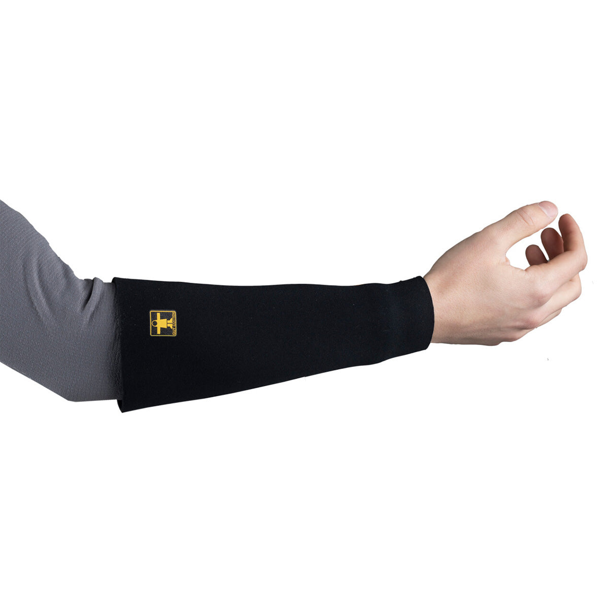 Person wearing black neoprene arm sleeve cuff for an extension of gloves for waterproof protection