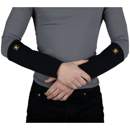 Person wearing Guy Cotten black neoprene cuffs for waterproof protection